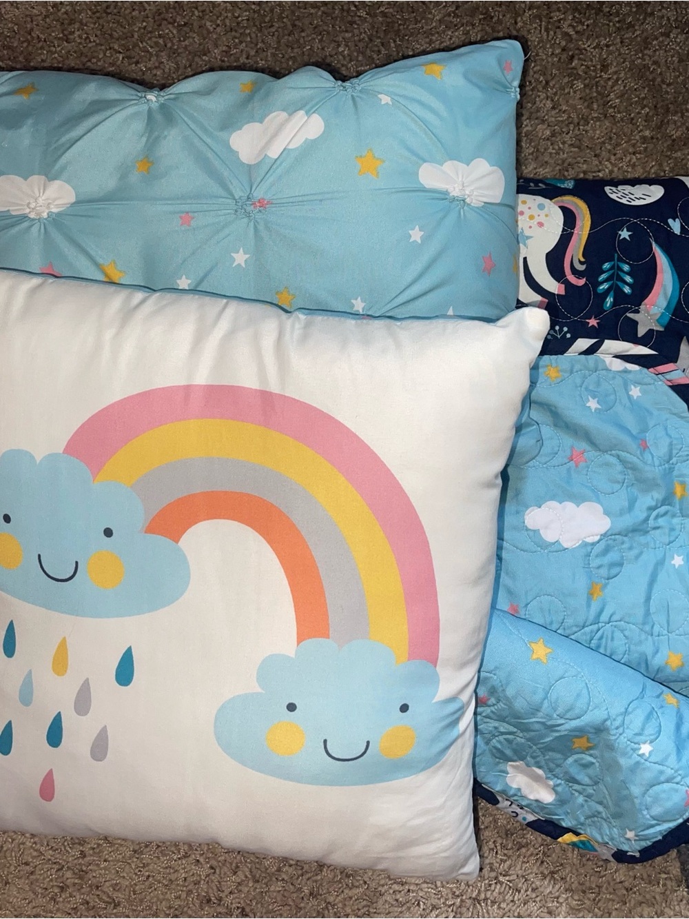 Unicorn, Rainbow, & Clouds Quilt bedding set with 2 decorative throw Pillows